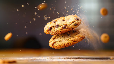 Two freshly baked chocolate chip cookies float above a wooden surface, surrounded by a cloud of crumbs, evoking warmth and delightful indulgence.の素材