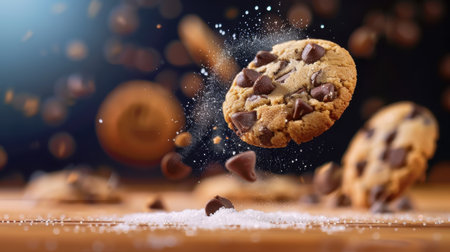 A stunning image of chocolate chip cookies elegantly suspended above a sprinkle of sugar and crumbs, showcasing their delightful texture and sweetness.の素材