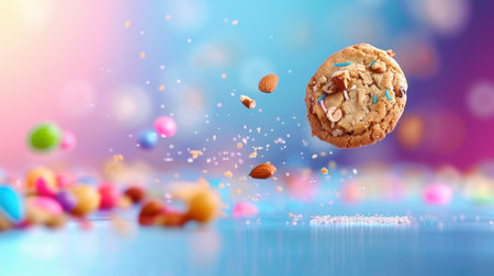A delicious cookie is suspended in mid-air, surrounded by colorful sprinkles and candies, creating a playful and vibrant atmosphere that evokes joy.の素材