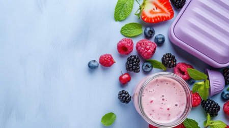 A refreshing berry smoothie featuring strawberries, raspberries, blueberries, and mint leaves, expertly arranged on a light blue background for a vibrant meal option.の素材
