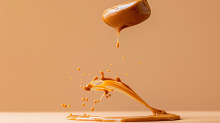 This captivating image features a splash of liquid caramel artfully suspended and dripping against a soft neutral background, highlighting the delicious texture and color.の素材