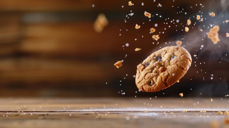 An enticing chocolate chip cookie floats above a wooden surface, surrounded by crumbs and a dazzling sprinkle of dust, showcasing its freshness and appeal.の素材