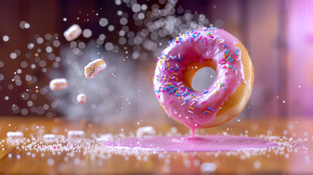 This captivating image features a pink frosted donut levitating above a wooden surface, surrounded by colorful candies and a sprinkle of sugar, creating a playful dessert scene.の素材