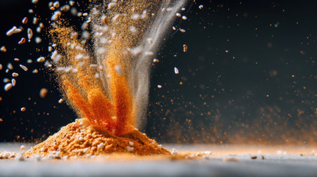 A dynamic explosion of vibrant orange spice powder creates a stunning visual effect. The dark background highlights the motion and texture, ideal for culinary themes.の素材