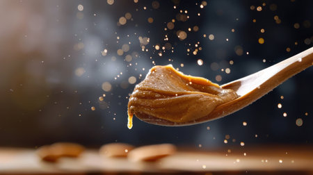 A mesmerizing close-up of creamy peanut butter on a wooden spoon, capturing its rich texture and flavor, with floating particles creating a cozy atmosphere.の素材