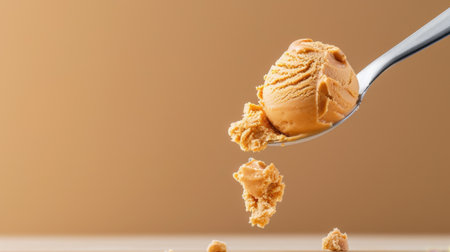 A vivid scoop of creamy orange ice cream captured on a silver spoon, set against a warm brown background, evoking feelings of indulgence and sweetness.の素材