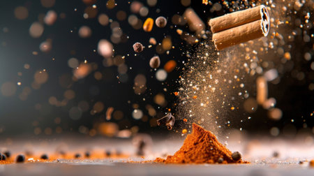 A captivating scene depicting an explosion of various spices, capturing the essence of culinary creativity and vibrant flavors. Ideal for food-related visuals.の素材