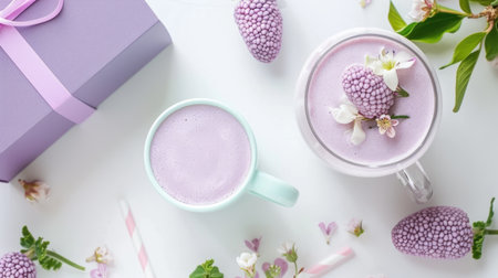 A serene arrangement featuring a lavender beverage adorned with flowers, a pastel gift box, and delicate decorations, perfect for springtime celebrations.の素材