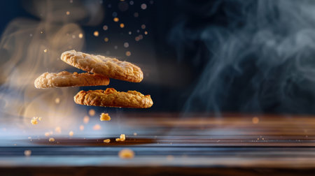 A captivating image of cookies floating mid-air with soft smoke and a bokeh background, perfect for culinary ideas or food-related projects.の素材