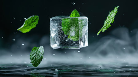 A stunning image capturing a fresh mint ice cube floating gracefully in mid-air, surrounded by water splashes and mist, perfect for culinary art.の素材