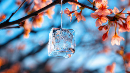 A captivating scene featuring a clear ice cube suspended from a branch adorned with vibrant cherry blossoms, set against a tranquil blue sky.の素材