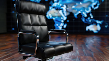 A stylish black office chair featuring sleek chrome arms sits prominently in front of a vibrant world map backdrop, ideal for modern business environments.の素材