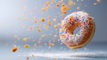 A dynamic image of a pink frosted doughnut with colorful sprinkles, surrounded by falling crumbs against a soft backdrop, perfect for food-themed projects.の素材