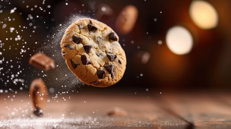 A delicious chocolate chip cookie captured mid-air, surrounded by sugar sprinkles in a warm kitchen setting. Perfect for conveying comfort and indulgence.の素材