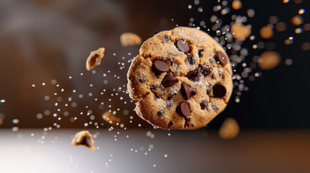 A stunning image of a chocolate chip cookie floating in mid-air, surrounded by crumbs and flour, showcasing the delightful texture and sweetness of this classic treat.の素材