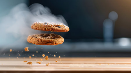 Two freshly baked cookies float above a wooden surface, releasing wisps of steam. The soft-focus background complements this warm, inviting scene of indulgence.の素材