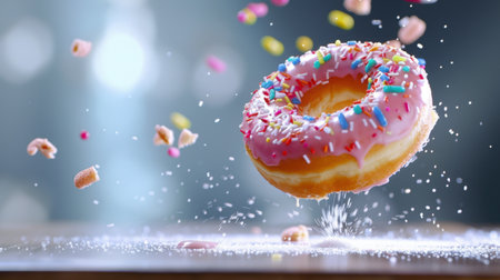 This vibrant image captures a colorful donut with pink icing and multicolored sprinkles, elegantly suspended with confectionery flying around.の素材
