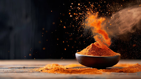 A stunning close-up image capturing vibrant orange spice dust swirling in the air above a rustic bowl, showcasing the essence of flavor and culinary art.の素材
