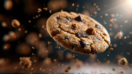 A mesmerizing close-up of a chocolate chip cookie gracefully suspended in mid-air, enveloped by crumbs and glimmering lights, creating an enchanting visual.の素材