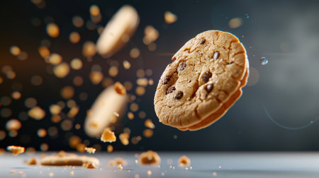 An enticing visual of chocolate chip cookies caught mid-air, surrounded by floating crumbs, perfect for culinary photography and food lover themes.の素材