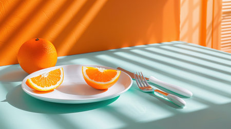 Freshly sliced oranges arranged on a white plate next to a whole orange, accompanied by shiny forks, bathed in bright sunlight.の素材