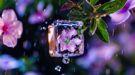 A stunning close-up of a transparent ice cube with a delicate flower inside, suspended amidst vibrant leaves and soft rain, capturing nature's tranquility.の素材