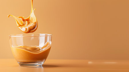 A vibrant and mouthwatering image of peanut butter splashing into a glass bowl against a warm orange backdrop, showcasing its creamy texture and richness.の素材