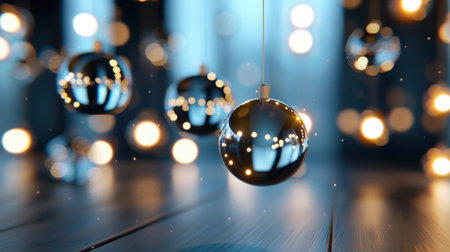 A collection of hanging ornaments with sparkling bokeh lights creates a captivating festive atmosphere, perfect for holiday decorations and celebrations.の素材