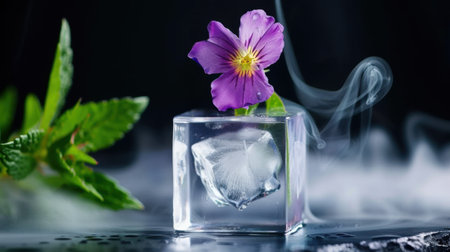 A beautifully captured image featuring a crystal clear ice cube with a purplish pink flower and vibrant green mint leaves, set against a dark background with soft smoke.の素材