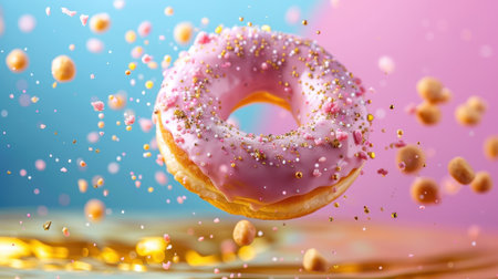 A vibrant pink donut with colorful sprinkles floats mid-air, surrounded by playful golden particles. This delightful image captures the essence of indulgence and joy in dessert.の素材
