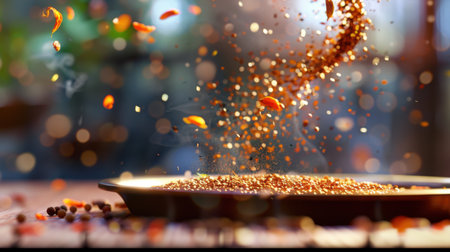 This captivating image showcases a dramatic close-up of various spices and seasonings gracefully falling onto a dark surface. The bokeh effects create a stunning atmosphere, highlighting the vibrant colors and textures of the ingredients. Perfect for culinary-themed projects, this image embodies the essence of cooking and flavor exploration.の素材