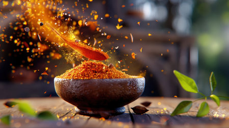 A vivid scene depicting spices in motion as a wooden spoon sprinkles colorful seasoning into a decorative bowl. Bright leaves enhance the composition, showcasing culinary creativity and fresh ingredients in an inviting kitchen setting.の素材