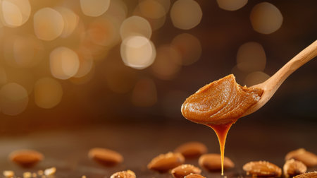 A close-up view of creamy nut butter on a wooden spoon with almonds surrounding it. The warm light creates an inviting atmosphere, emphasizing natural ingredients.の素材