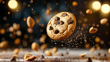 A delectable chocolate chip cookie floats above a dynamic scene, surrounded by almonds and a sprinkle of sugar dust, creating an enticing dessert display.の素材