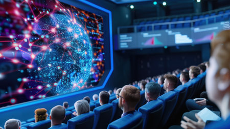 An audience watches an engaging presentation in a modern auditorium, featuring a vibrant digital globe displayed on a large screen. The atmosphere is filled with excitement and anticipation.の素材