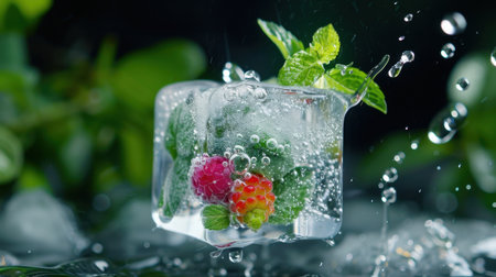 A stunning display of fresh mint leaves and vibrant berries encapsulated in a clear ice cube, creating a refreshing splash of bubbles against a lush green backdrop.の素材