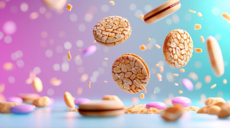 A captivating image featuring colorful cookies floating against a vibrant, dreamy background. The scene evokes a sense of joy, delight, and creativity, ideal for showcasing treats and desserts.の素材