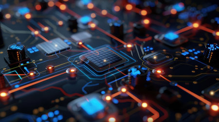 Close-up view of a futuristic circuit board featuring colorful lights and intricate electronic components, symbolizing technology and innovation.の素材