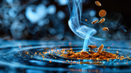 A mesmerizing capture of spices suspended gracefully over a reflective surface, intertwined with ethereal smoke trails, evoking a sense of culinary artistry and intrigue.の素材