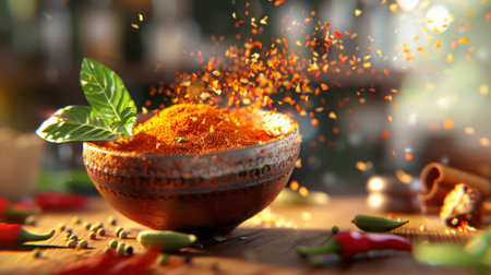 A beautifully arranged bowl of vibrant spices sits on a rustic kitchen counter, showcasing an explosion of color and flavor, perfect for culinary creativity.の素材