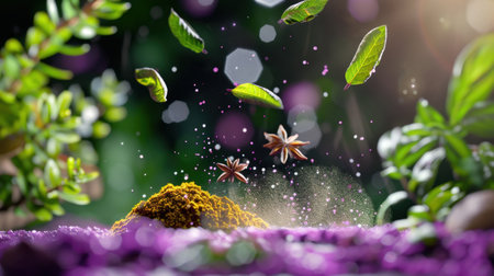 An enchanting scene features vibrant spices and fresh herbs gently falling, creating a captivating atmosphere perfect for culinary inspiration and natural beauty.の素材