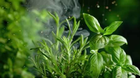 This stunning image captures fresh basil and rosemary herbs surrounded by gentle smoke, showcasing vibrant green colors and a soft, tranquil atmosphere, ideal for culinary and natural themes.の素材