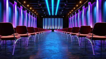 Spacious conference hall featuring vibrant blue and purple lighting, with empty chairs arranged in rows, ready for an upcoming event or presentation.の素材