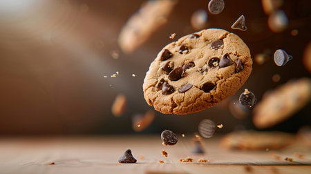A mouthwatering chocolate chip cookie floats artistically in mid-air, surrounded by flying chocolate chips, evoking a sense of indulgence and joy.の素材
