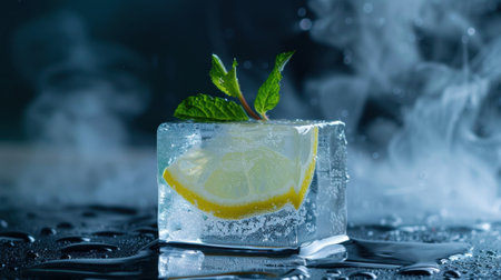 This striking image features a lemon slice resting on a crystal-clear ice cube, garnished with fresh mint leaves. The water droplets create an enticing, refreshing vibe.の素材