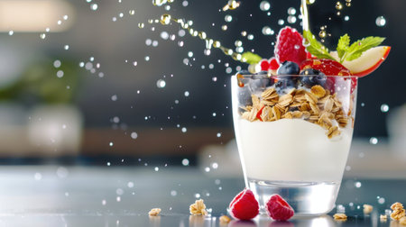 A delightful yogurt parfait topped with fresh berries, granola, and a mint garnish, captured with a dynamic splash effect against a bright background.の素材
