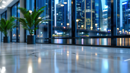This serene urban lobby features modern design elements with potted plants and expansive glass windows, showcasing a stunning cityscape view at twilight.の素材