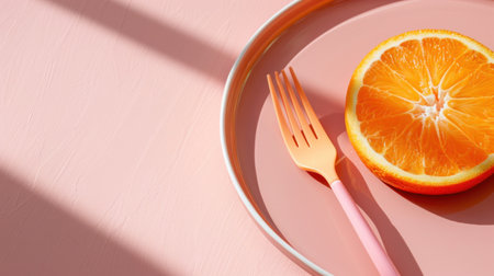 A vibrant orange slice rests on a soft pink plate, paired with a pink fork, illuminated by gentle natural light casting beautiful shadows.の素材