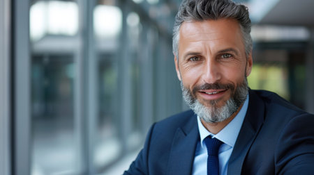 A confident businessman with a beard smiles warmly in a modern office setting. The professional atmosphere and natural light enhance his inviting demeanor.の素材