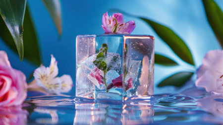 A stunning frozen cube encasing vibrant pink roses and green leaves sits serenely on a reflective water surface, illuminated by soft blue light.の素材